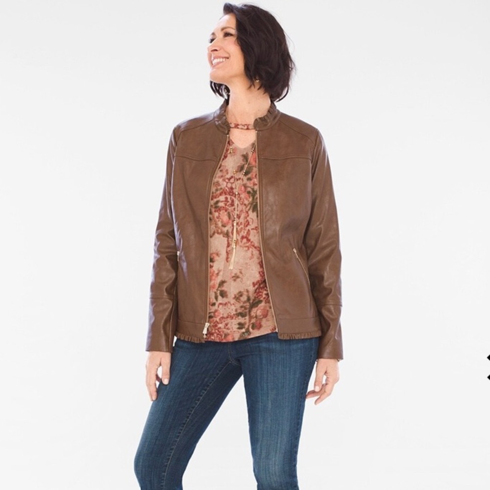 Chico's Faux Leather Jacket with Ruffle Trim
